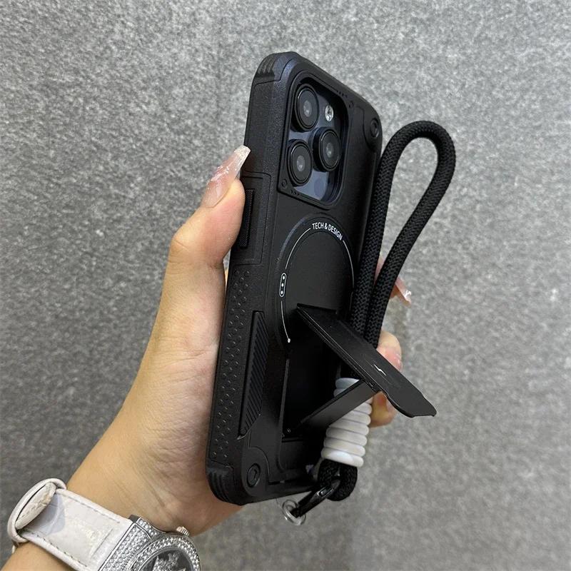 

Case for IPhone 17 Air 16 14 13 11 12 15 Pro Max Plus Magsafe Wireless Charging Wrist Strap with holder Hard Anti-fall Cover For iPhone 12