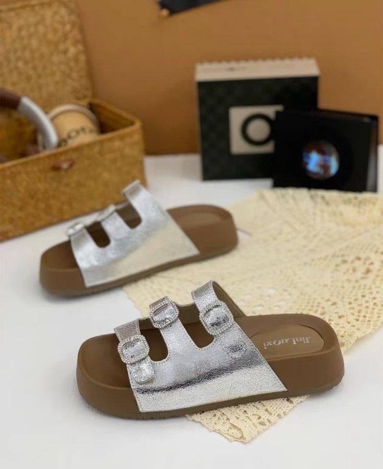 2025 Sommer neue Leder Dicksohlen Strassstein Casual Mattleder Pantoletten Ein-Wort Damenschuhe Vielseitige Mode Damenschuhe