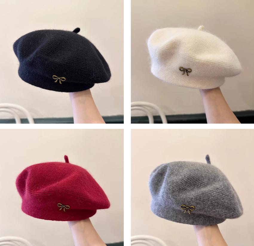 Autumn And Winter New Sweet And Versatile Style Retro Fashion Painter'S Hat Women'S Bow Rabbit Hair Knitted Beret