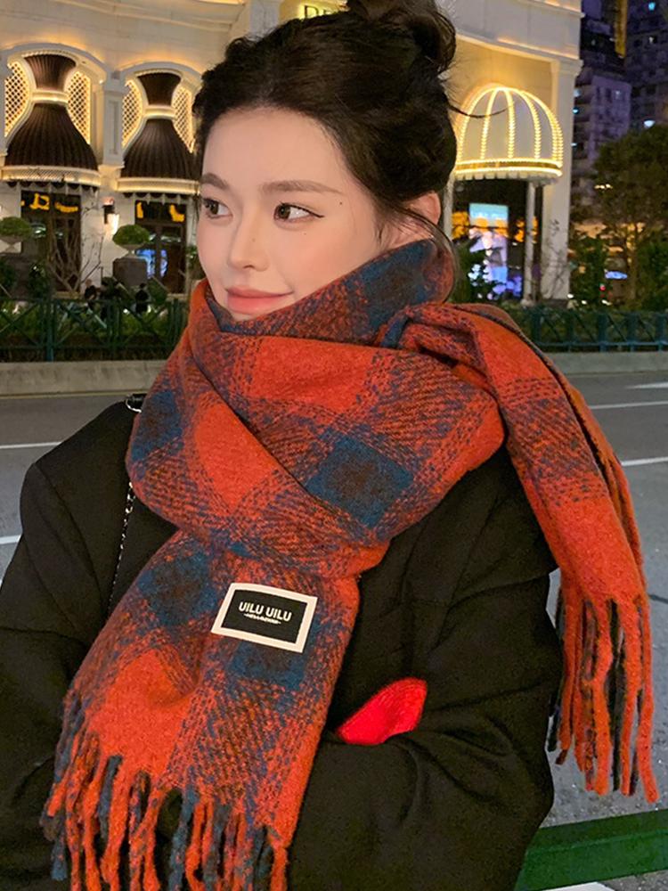 Women Plaid Print Knitted Scarf Headscarf Ladies Casual Sweet Tassel Warm Scarve Mujer Wrap Shawl Student Young Girl New Winter