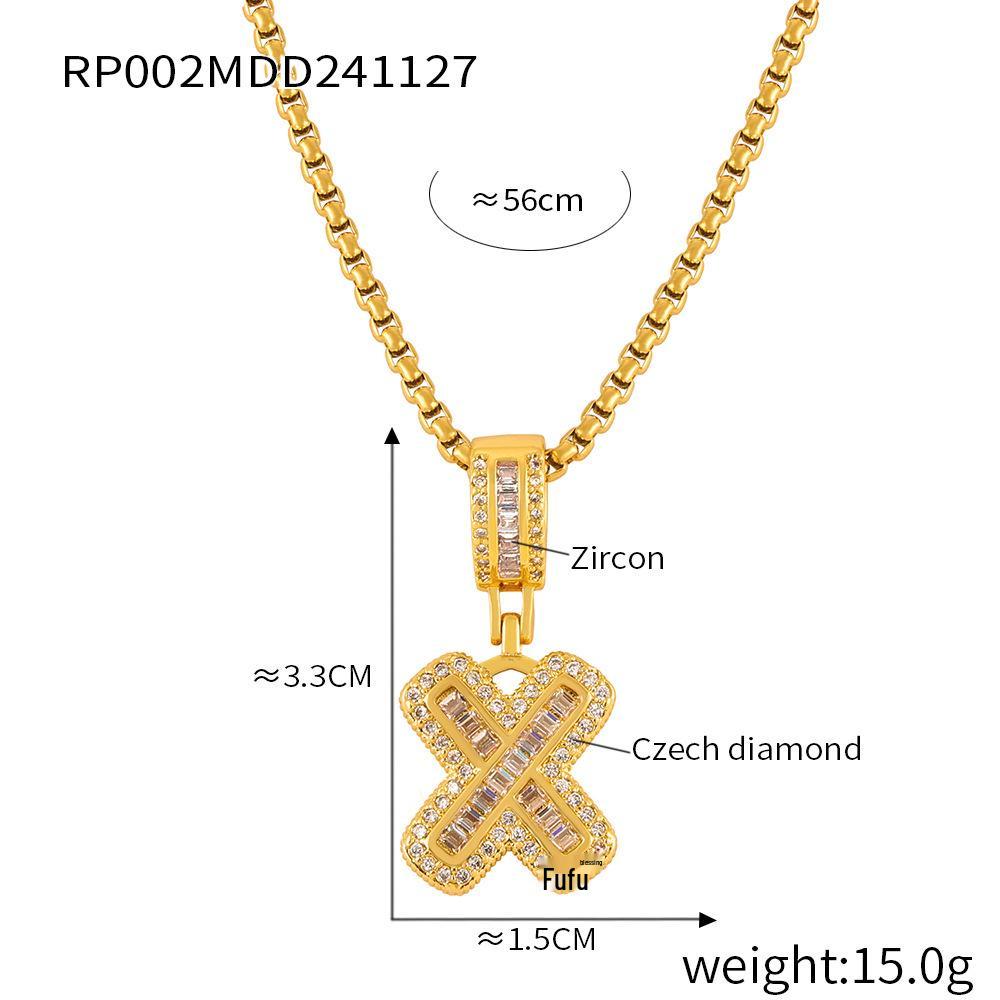 Minimalist Letter Inlaid Diamond Copper Pendant Necklace with Long Box Chain in Gold-Plated Titanium Steel