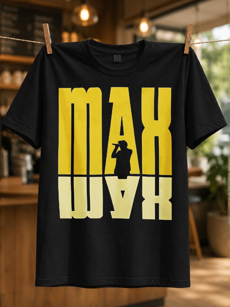 Max Yellow Mirrored Lettering With Singer Silhouette Bold Stage Spotlight Design Retro Concert Unisex All Tshirt