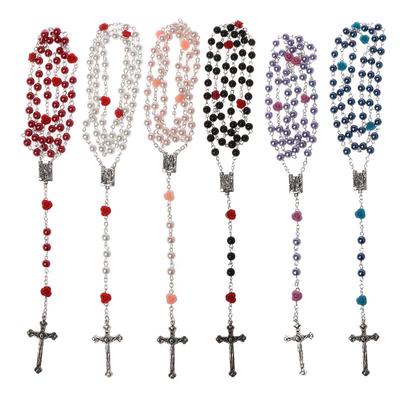 Catholic Rose Flower Pearl Rosary Necklace Rosary for Cross Christ Catholic Jewe