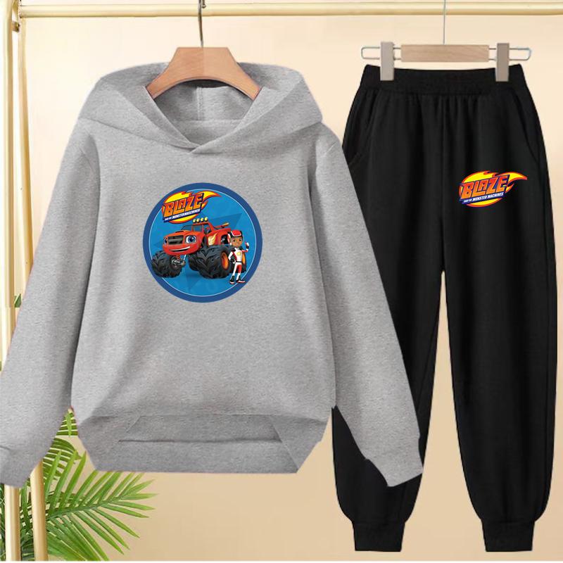 Student Uniform, Hooded Sweatshirt + Long Pants Set, Cartoon Car Pattern, 3 To 13-year-old Boys' and Girls' Sportswear,loose Set