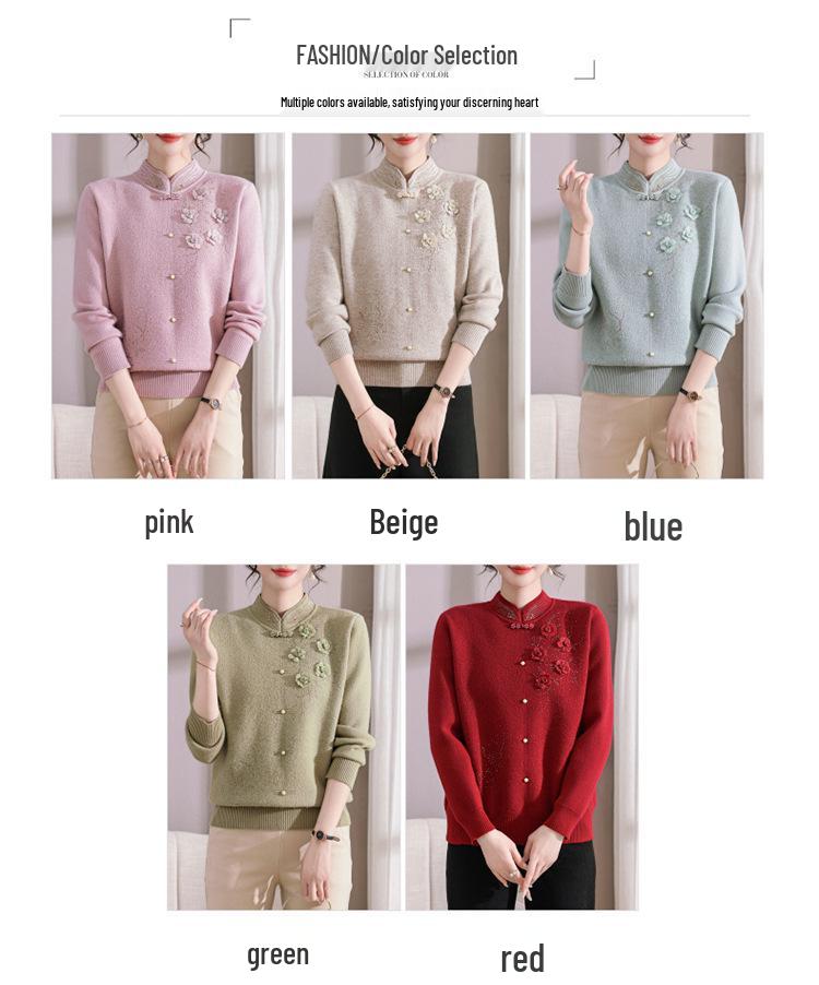 Mom's Red Winter Sweater - Velvet-Thickened Base Layer for Weddings, Mother-in-Law Approved, Zodiac Year Style for Middle-Aged & Elderly Women