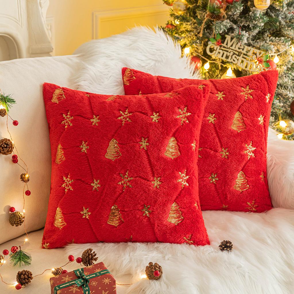 Square Sequin Christmas Throw Pillow Cases Christmas Tree Snowflake Shaggy Plush Pillowcases Sofa Cushion Covers Home Decor