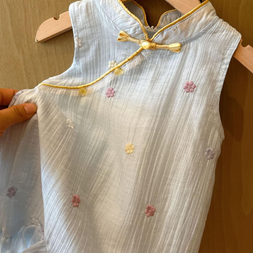 Summer Girls Chinese Embroidered Sleeveless Dress With Ruffles And Frog Buttons Princess Party Dress For Kids
