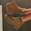 2024 Fashion Buckle Women's Boots Autumn Round Toe Solid Flock Short Barrel Shoes for Women Chunky Heels Large Size Naked Boots