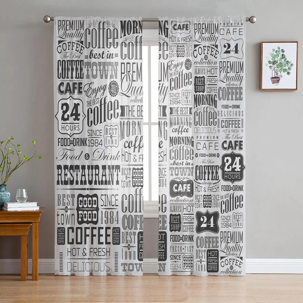 Vintage Text Coffee Tulle Curtains for Living Room Printed Sheer Voile Curtain Bedroom Window Screening Drapes Blinds Home Decor
