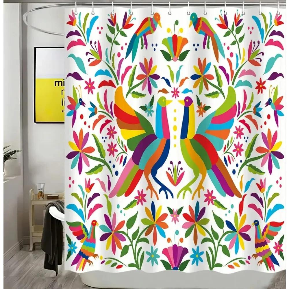 Mexican Floral Shower Curtain, Ethnic Art, Birds and Paisley, Flowers in White,Polyester, Waterproof, Bathroom Decor