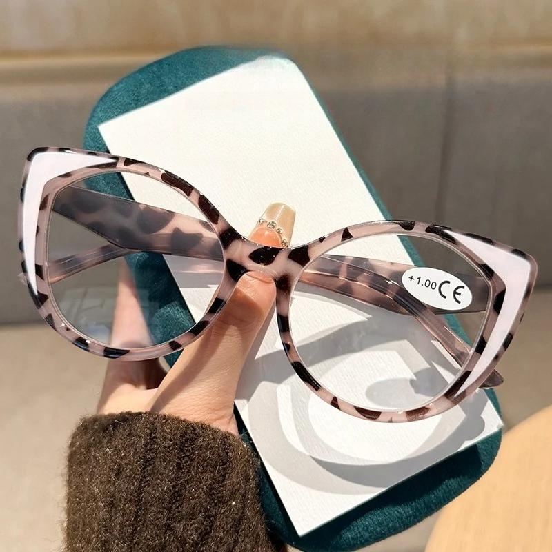 Fashion Retro Large Frame Cat Eye Presbyopia Glasses Ladies Anti Blue Light Diopter To +4 0 Color Blocking Stylish