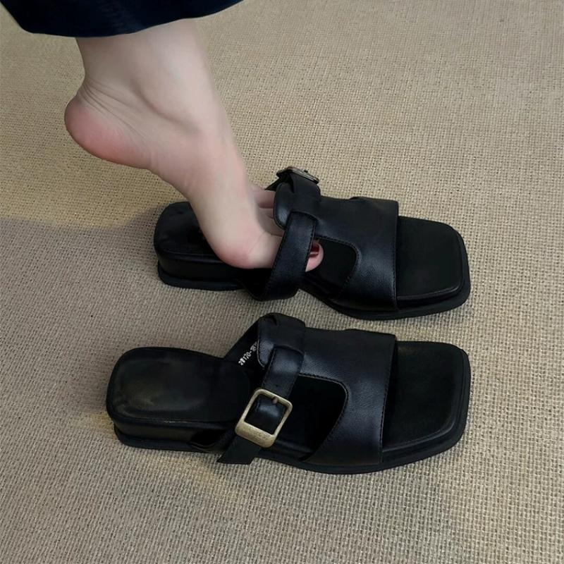 Women Flats Square Toe Slippers Summer Sandals New Casual 2025 Trend Slingback Shoes Walking Woman Flip Flops Sandalias