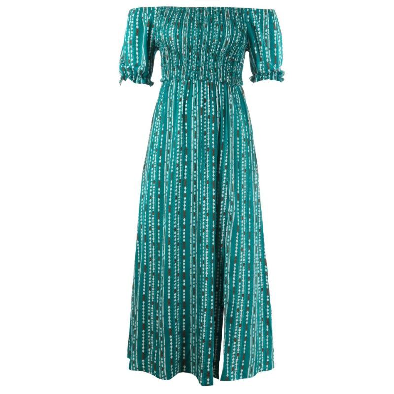 Women's Spring/summer Print Split Waist Dress One-line Shoulder Short-sleeved Holiday Casual Dress