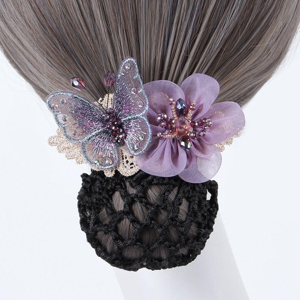 Butterfly Flower Elastic Hair Net Rhinestone Beads Decor Hair Bun Holder  Hotel Staff Uniform