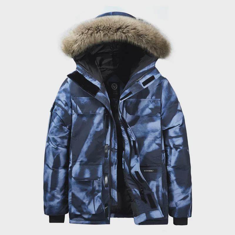 

Мужская большая куртка-пуховик с меховым воротником - толстая, теплая, с капюшоном, молодежный стиль 4XL синий/камуфляжный