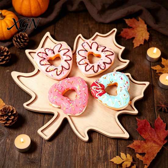 Fall Home Accents Maple Leaf Serving Tray, Thanksgiving Wooden Platter for Snack Cheese Boxwood Decorative Tray Charcuterie, Dish Plate Halloween