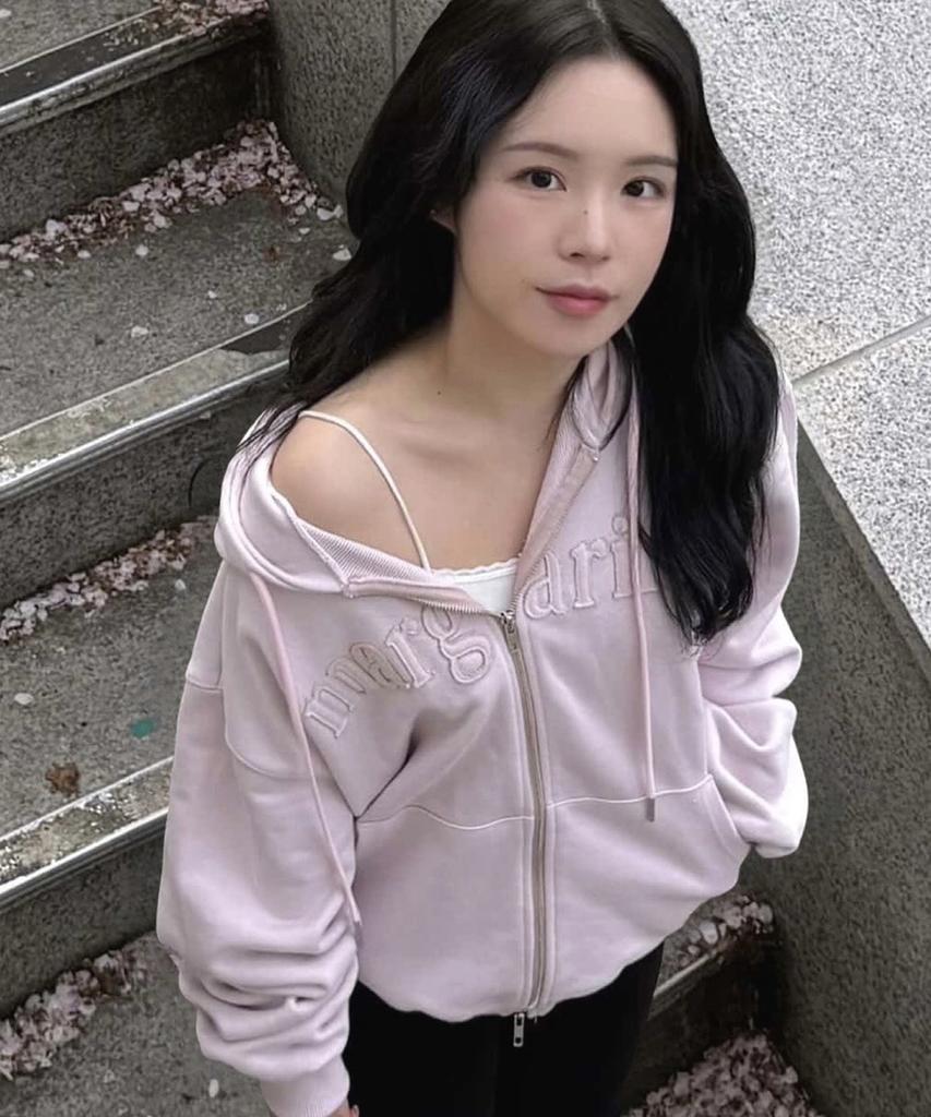 Stmg Margarine Applique Loose Two-Way Zipper Hoodie Pink