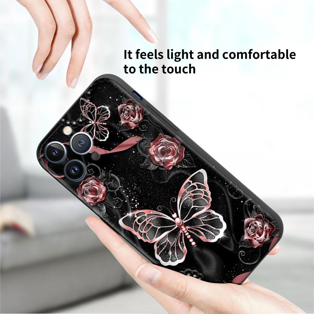Custodia Per Apple iPhone 14 11 13 7 12 Pro 7 XR XS Max 8 Plus 6 14Pro Nera Morbida Telefono Coque Funda Rosa Bellezza Farfalla