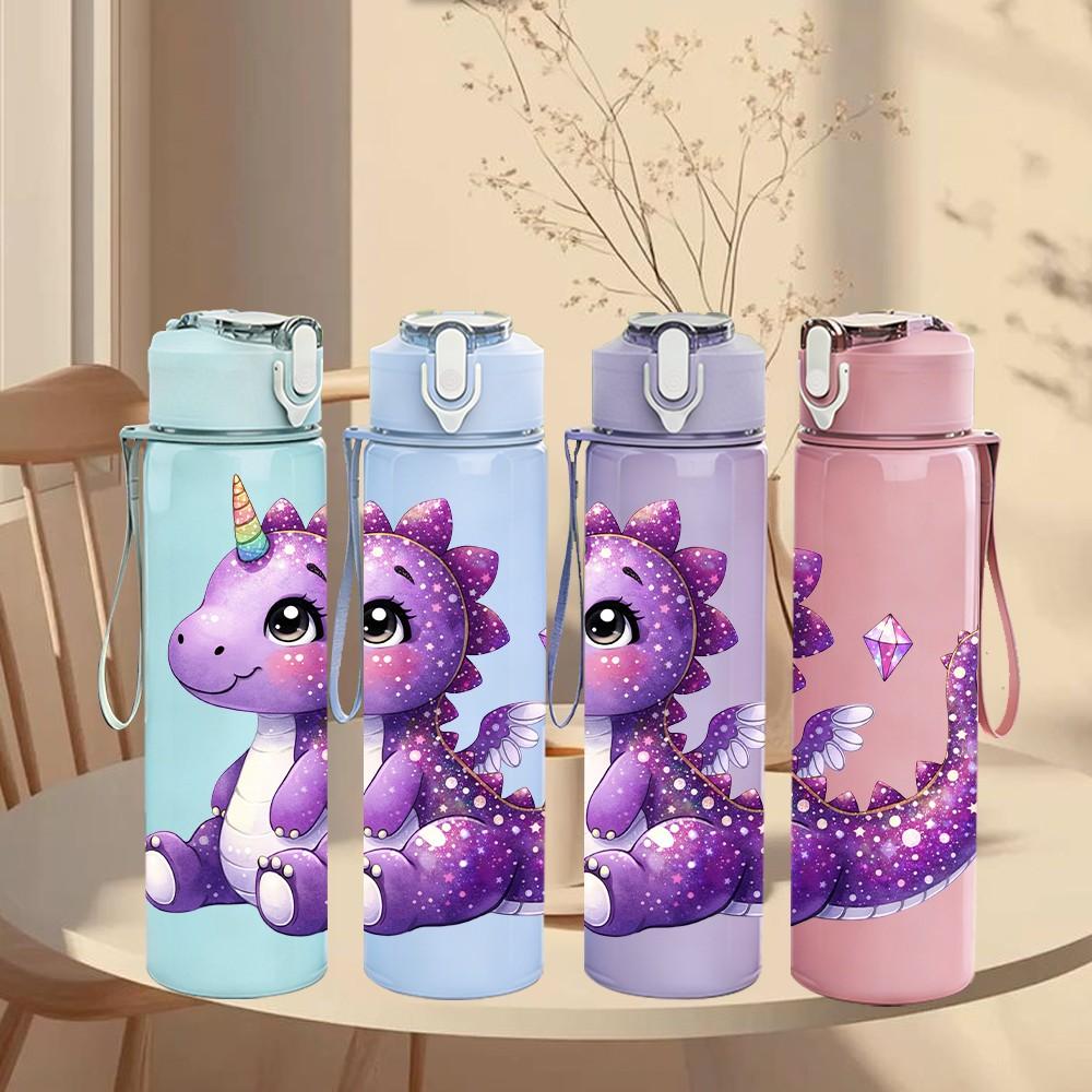 1PC Purple Baby Dragon Fantasy Print 750ml Color Plastic Sports Water Bottle Leakproof Flip Straw Lid Suitable for Sports Office Home Use