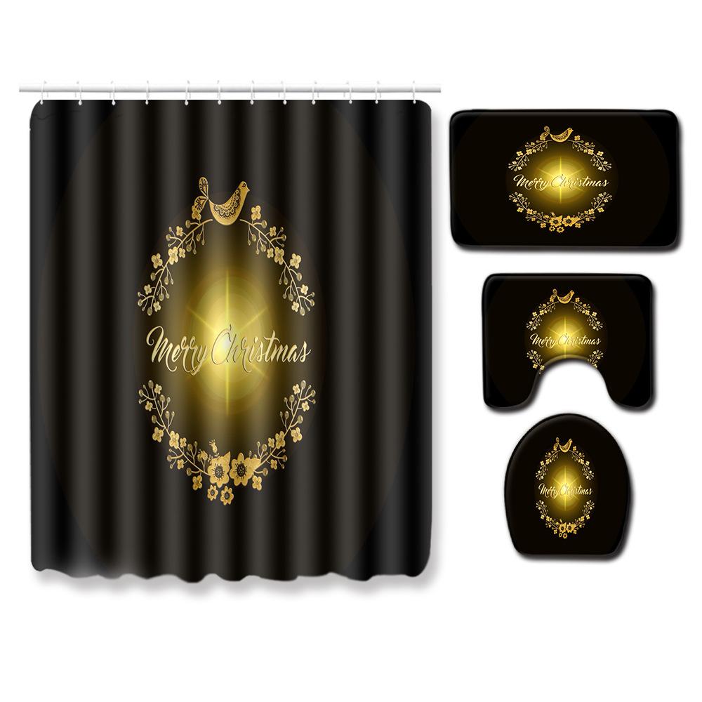 Christmas Elements Bathroom Shower Curtain Floor Mat Toilet Cover Foot Mat Four-Piece Pattern Size