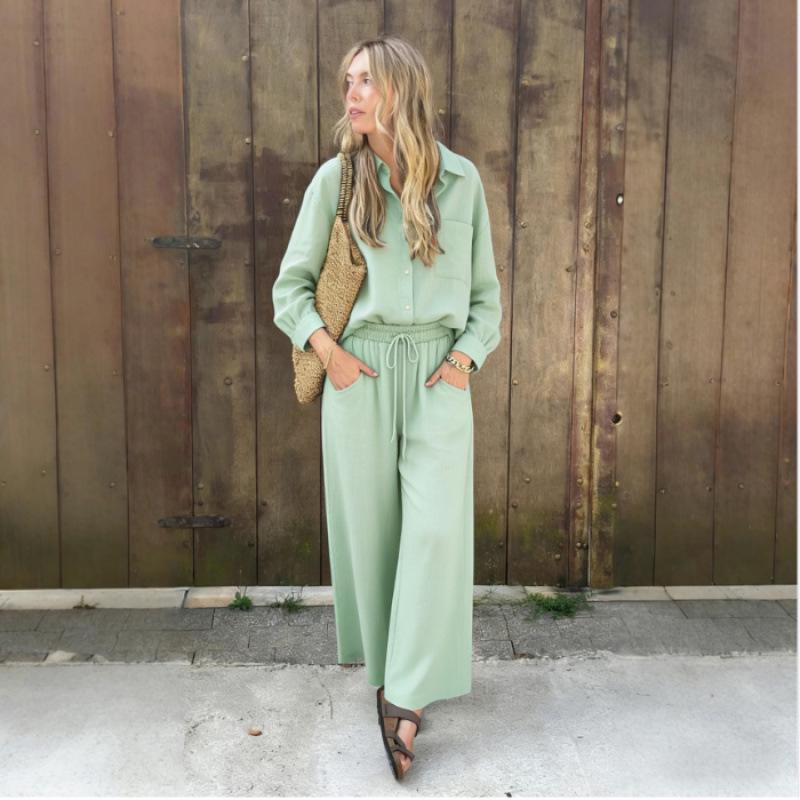 Spring Fashion Women's Plus Size Two-Piece: Linen-Style Shirt & High-Waisted Loose Pants