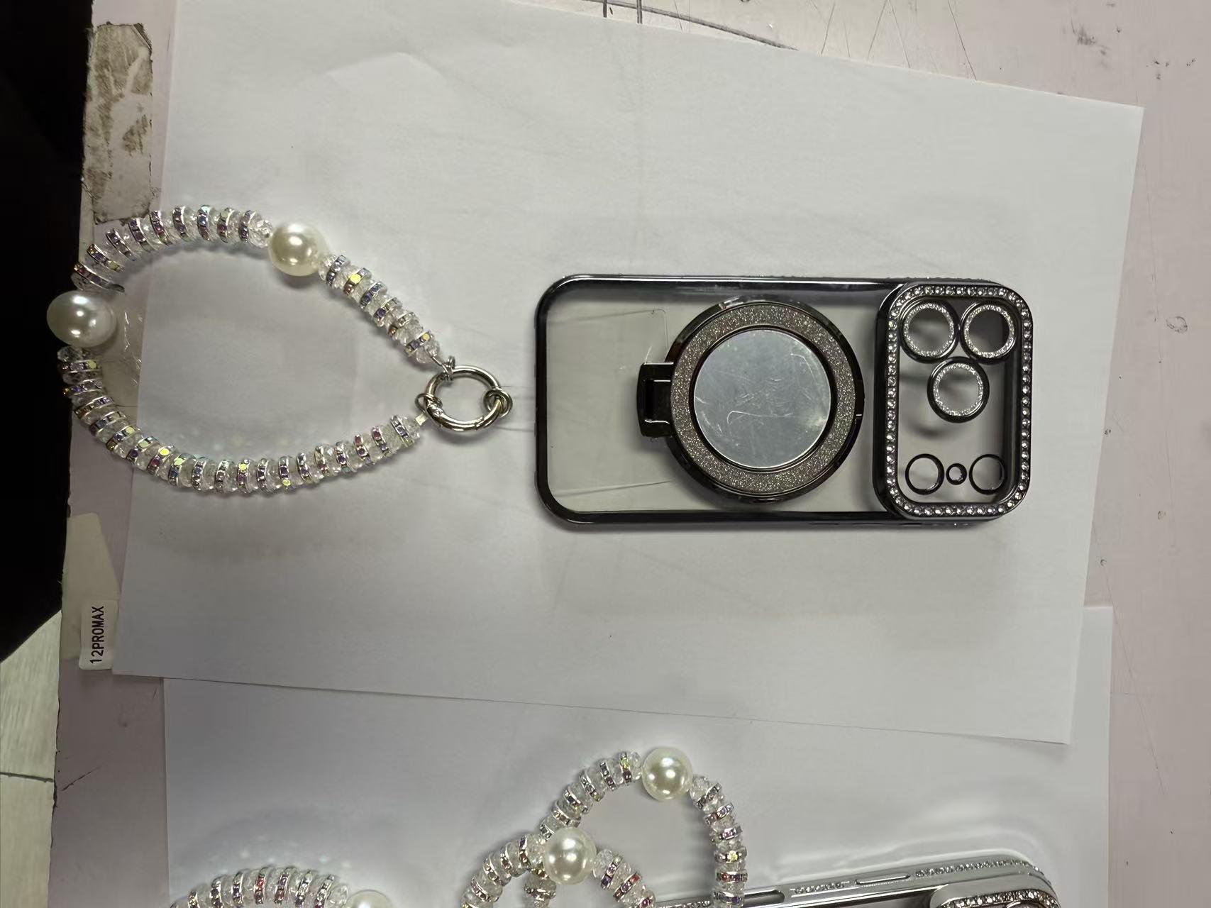 

Luxury Rhinestone iPhone 17 Pro Max Transparent Case with Mirror Holder iPhone 14 чёрный