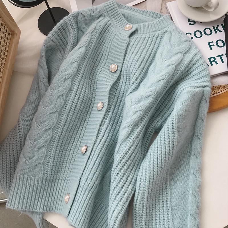 Soft waxy short twist cardigan women's autumn new round neck loose solid color knitted sweater fashion sweater jacket