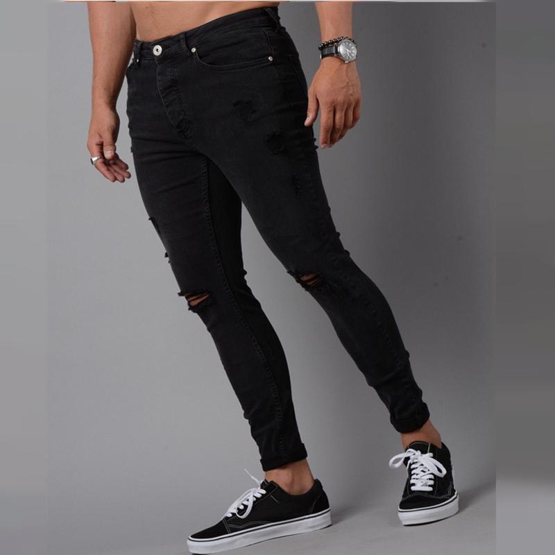 Pánská móda Sexy Slim Fit Spodní tužkové kalhoty Denim Dírky na kolenou Roztrhaný Street Style Skinny džíny