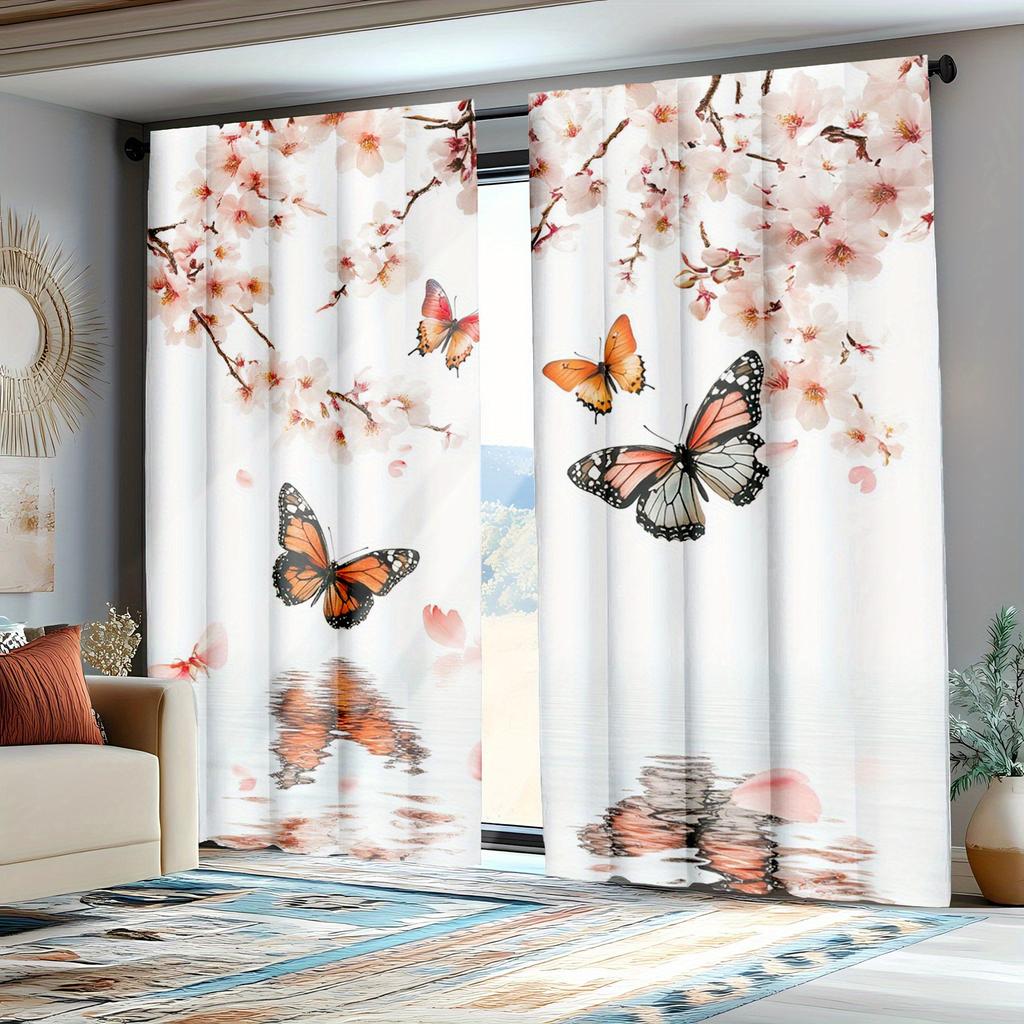 Tende con Motivo Floreale di Ciliegio e Farfalle da Giardino in Poliestere Adatte per Camera da Letto Soggiorno Tenda Decorativa Lavabile in Macchina