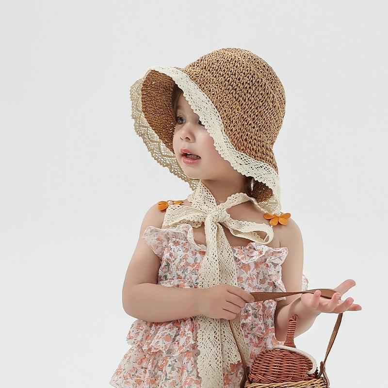 Cappello da Sole in Paglia per Bambina Principessa Cappellino da Spiaggia Genitore Bambino Protezione UV Tesa per Bambino Piccolo Primavera Estate Esterno