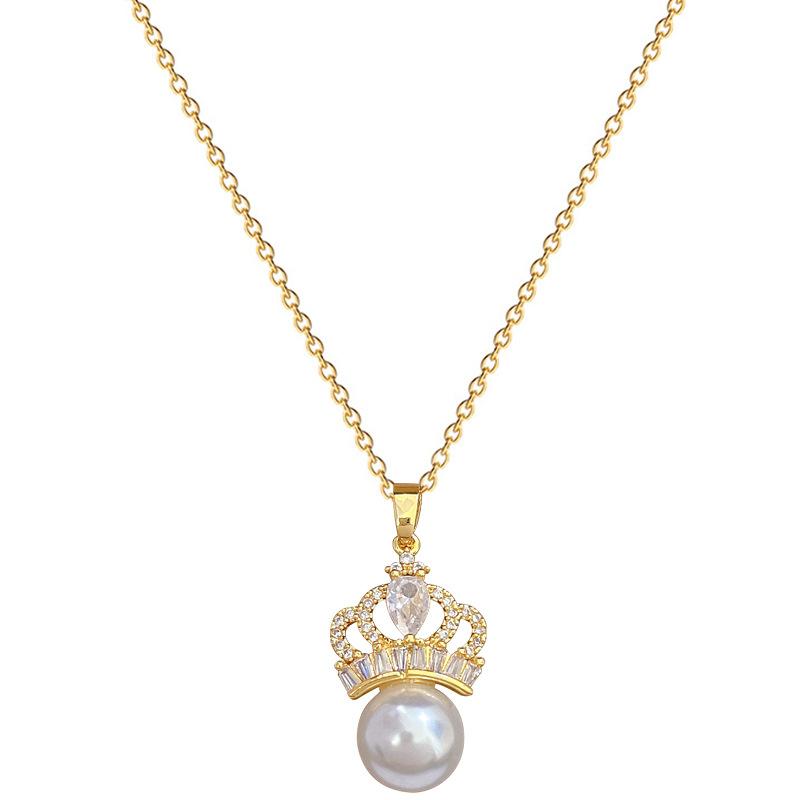 Necklace Earrings Set Light Luxury Full Of Diamonds Pearl Crown Personality Temperament Banquet Earrings Necklace Group