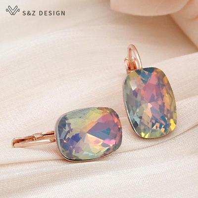 Mode Rechteck Bunte Kristall Tropfen Ohrringe Für Frauen Hochzeit Rose Gold Farbe Schmuck Eardrop