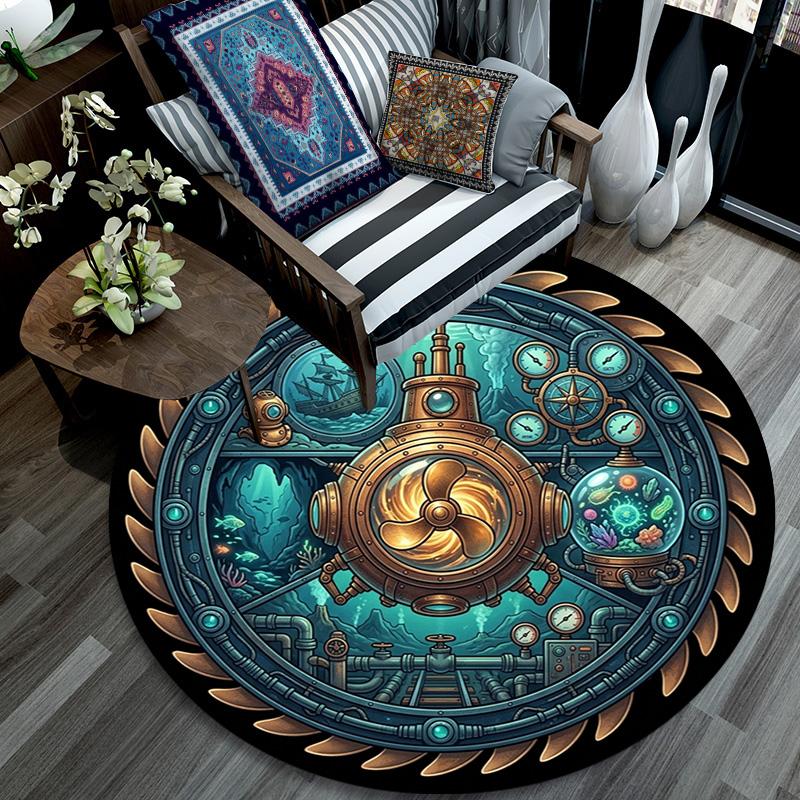 Steampunk Submarine Adventure Round Area Rug Under Office Chairs Bedroom Living Room Home Decor