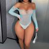 Women Sexy Lingerie Crystal Rhinestone Colored Jumpsuits Hollow-Out Bodysuit Long Sleeve Suit For Ladies Weight 88-145Lbs
