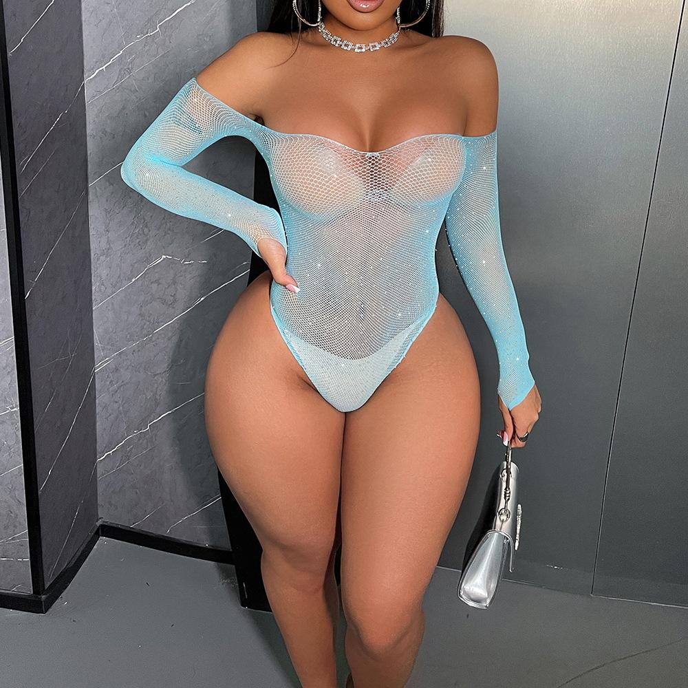 Women Sexy Lingerie Crystal Rhinestone Colored Jumpsuits Hollow-Out Bodysuit Long Sleeve Suit For Ladies Weight 88-145Lbs