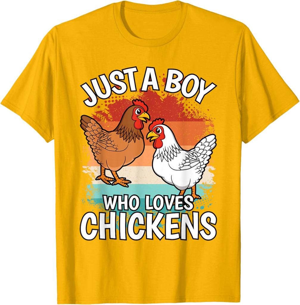 Just A Boy Who Loves Chickens Graphic Tee Retro Style Casual Cotton Short Sleeve T-Shirt for Men