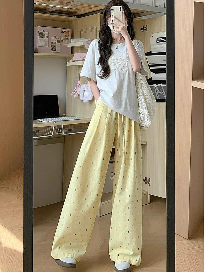 

Женские желтые брюки с широкими штанинами в горошек - Лето 2025 L (106-115 jin)