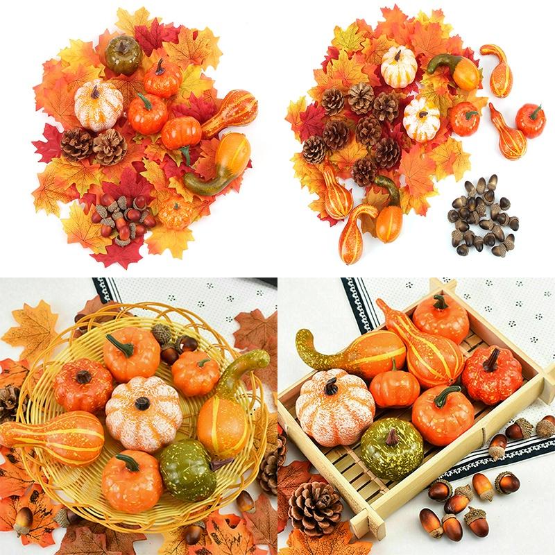 Exquisite Halloween Artificial Foam Pumpkin Set With Realistic Pine Cone Props
