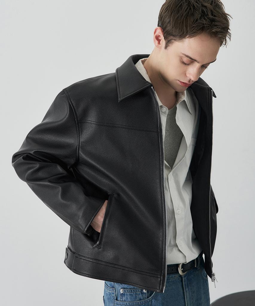 Draw Fit Russell Textured Single Leather Jacket [Black]