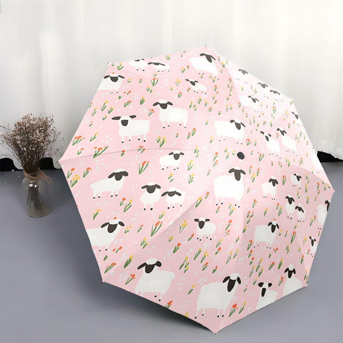 

Portable Folding Umbrella | Pink Background with Sheep and Flowers Pattern, 2-Layer Pongee Cloth, 8 Ribs, Automatic Open, Fold (as the picture,Iron&8K)