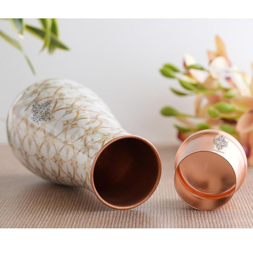 Copper Gold Block Print Bedroom Bottle – Designer Drinkware, Stylish Copper Water Bottle for Home Use, Volume- 1500 ML