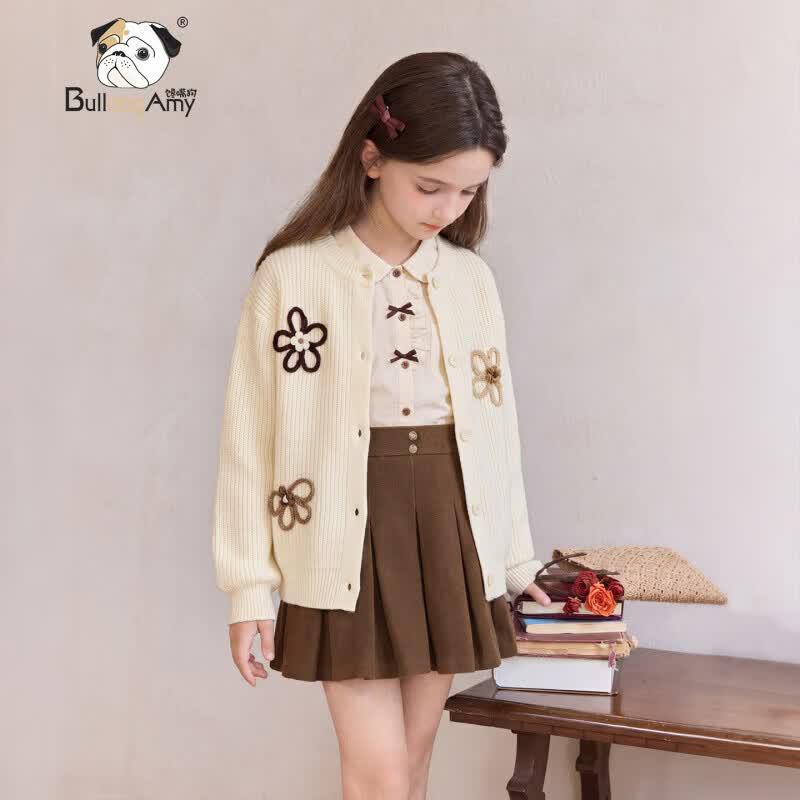 Chanzuigou Girls' Beige Ruffled Long-Sleeve Cotton Shirt