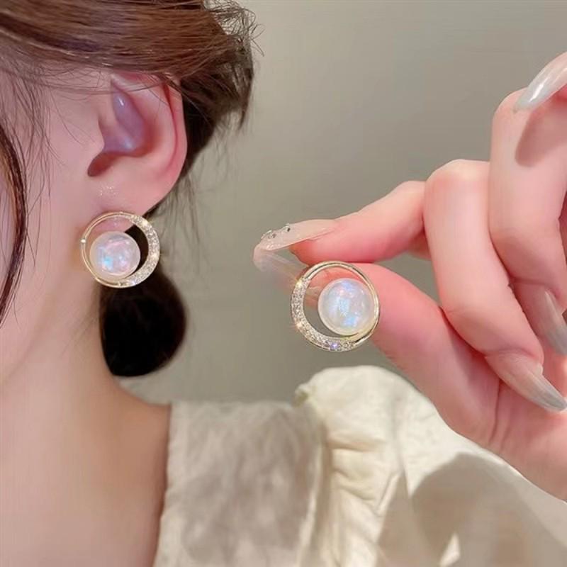 Mermaid Pearl Zircon Circle Stud Earrings - 925 Sterling Silver Korean Style