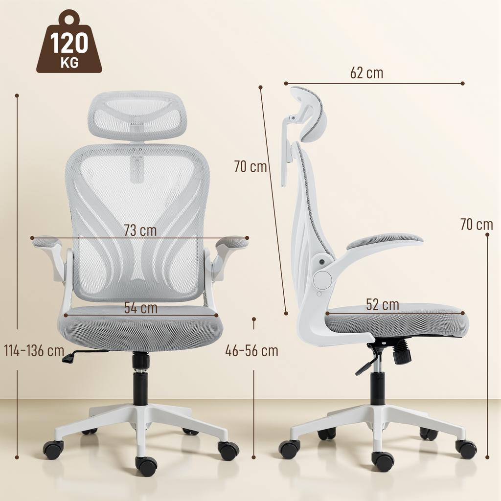 Ergonomic Office Chair with Foldable Backrest, 2D Headrest - Light Grey