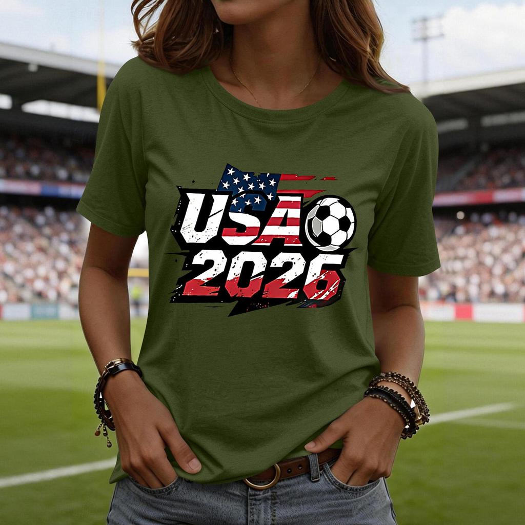 Women’s Short Sleeve Crewneck T Shirt with USA 2026 Graphic Print Soccer Ball Casual Loose Fit Top Tee