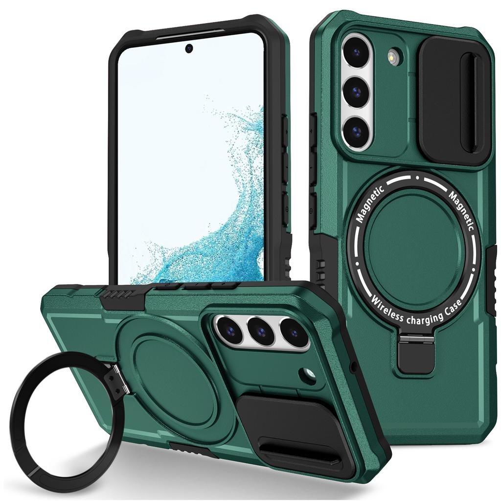 For Samsung Galaxy S22+ 5G Kickstand Case PC+TPU Magnetic Phone Shell with Lens Cover