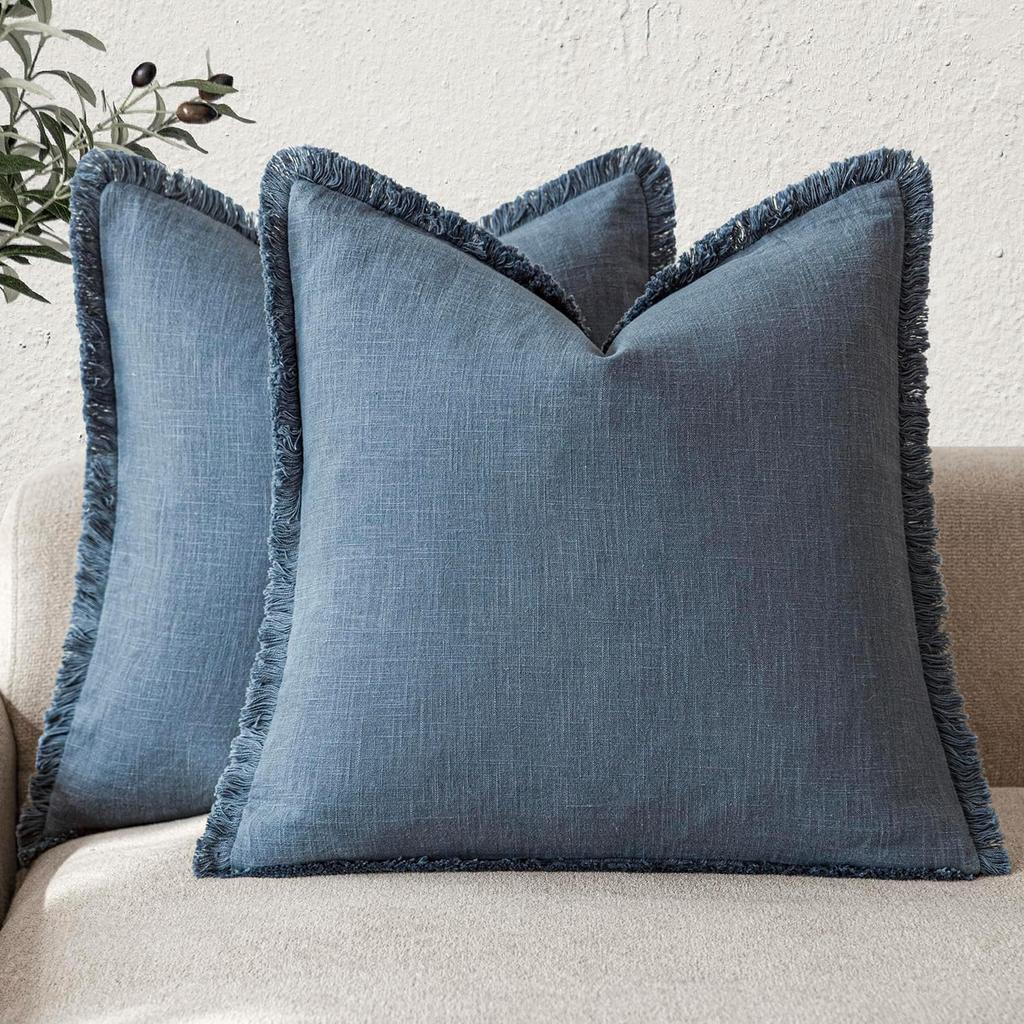 Fundas de Cojín Decorativas de Lino Verde Oliva con Flecos Estilo Boho Granja con Borlas Funda de Cojín para Sofá Sala de Estar 18×18 Pulgadas