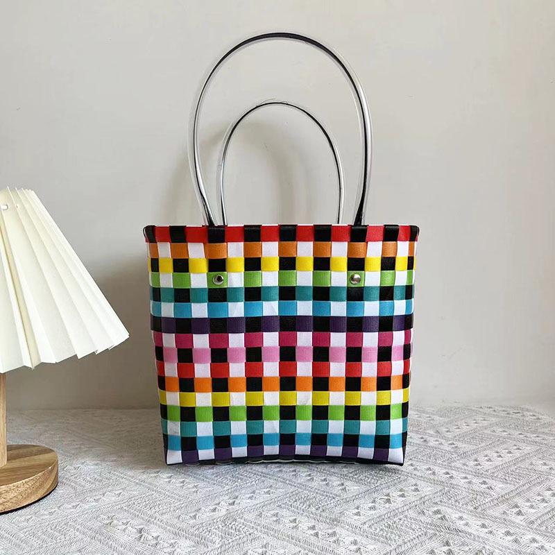Children's Rainbow Plaid Woven Handbag - DIY Summer Bag for Vegetables & Fruits