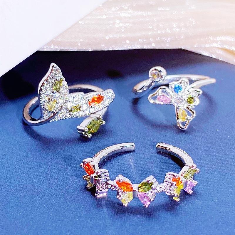 Dopamine Colored Treasure Zircon Butterfly Fishtail Open Ring Niche High-End Sense Light Luxury Personality Stacked Ring