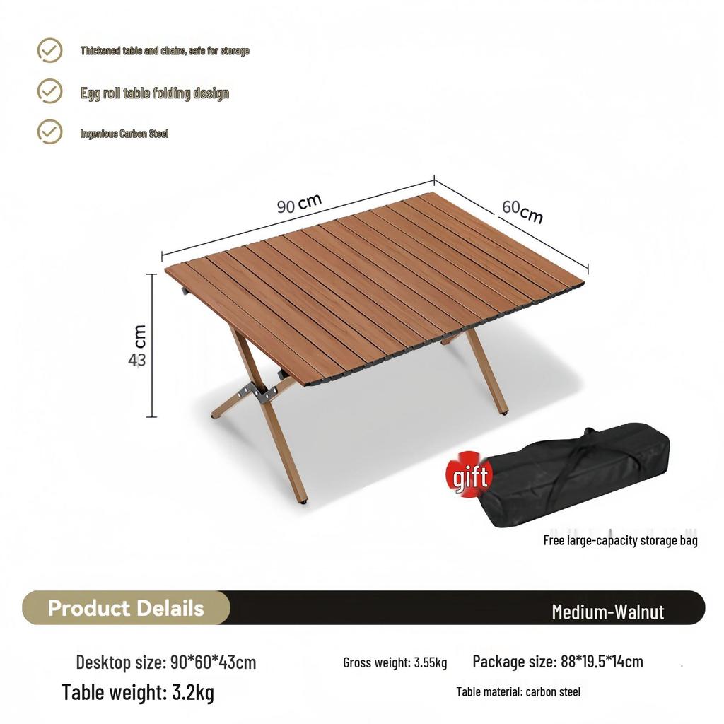 Portable Carbon Steel Roll-Up Camping Table - Foldable BBQ Picnic Dining Table with X-Shaped Legs